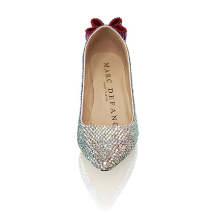 Marc Defang AB Crystal Pointed Pageant Heels Prom Shoes Bow  DESCRIPTION Featured base crystal color: AB Crystals Featured bow crystal color: AB Red  Featured heel height: 3" heels Featured shoe style: Pointed toes. 100% custom handmade product, industry's highest quality standard. Our sizes are true to size based on US standard Regular Fit.  Available Sizes: 5.5, 6, 6.5, 7, 7.5, 8, 8.5, 9, 9.5, 10, 11 (Average 30 days before Arrival - custom made)