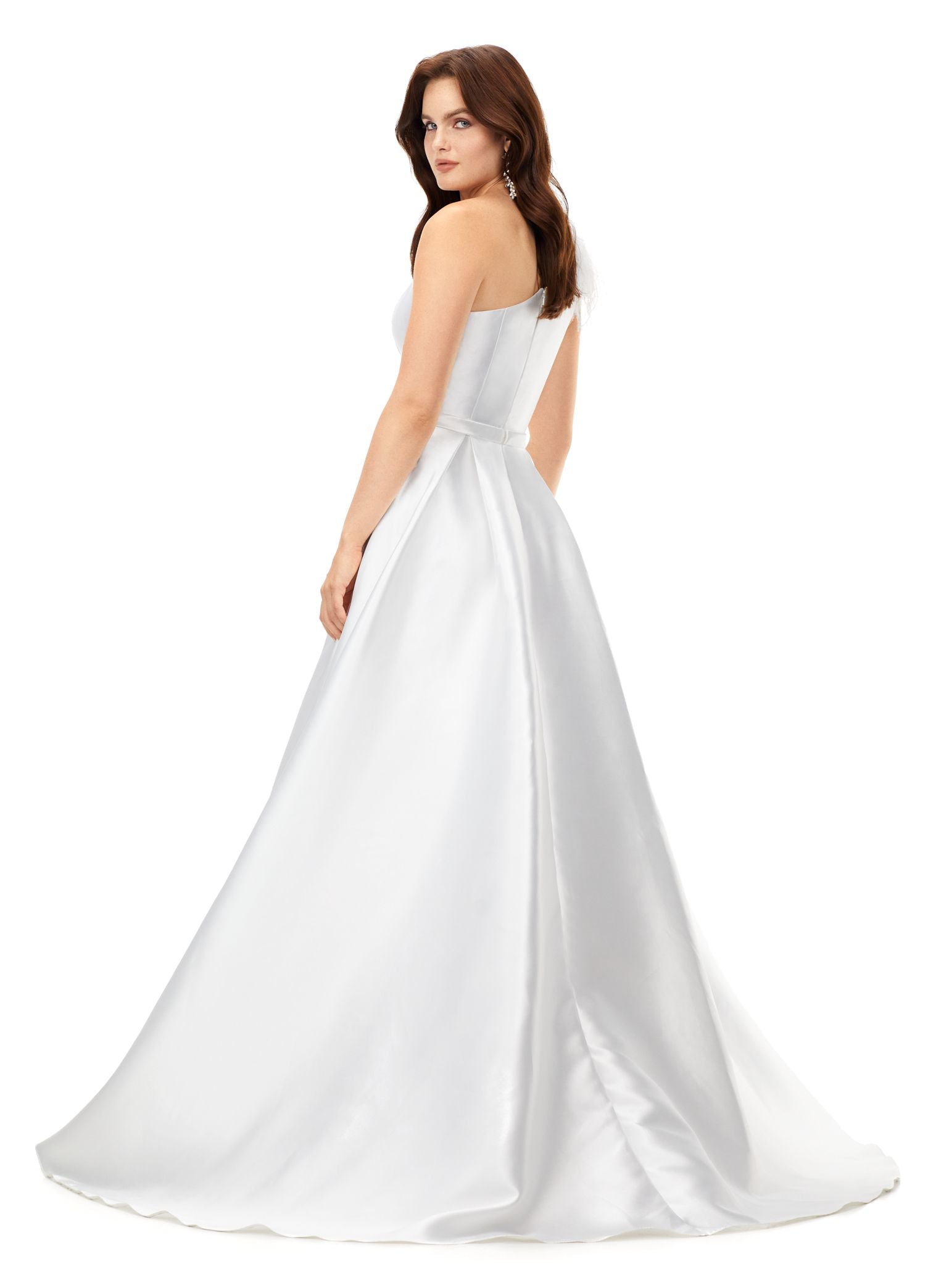 Ashley Lauren 11336 This elegant and sophiscated one shoulder ball gown is sure to make a statement at your next event. The neckline is emebellished with feather details. The a-line skirt completes the look. One Shoulder A-Line Skirt Feather Details Mikado COLORS: Turquoise, Ivory, Red
