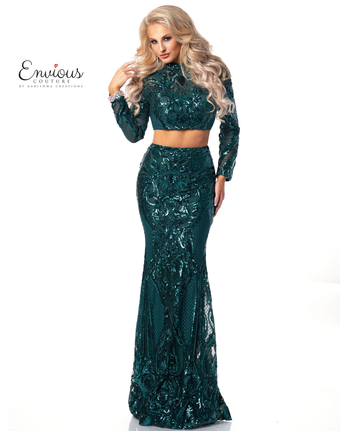 Envious-Couture-E1463-Emerald-Prom-Dress-Front-Two-Peice-Embellished-Sequins-Long-Sleeves