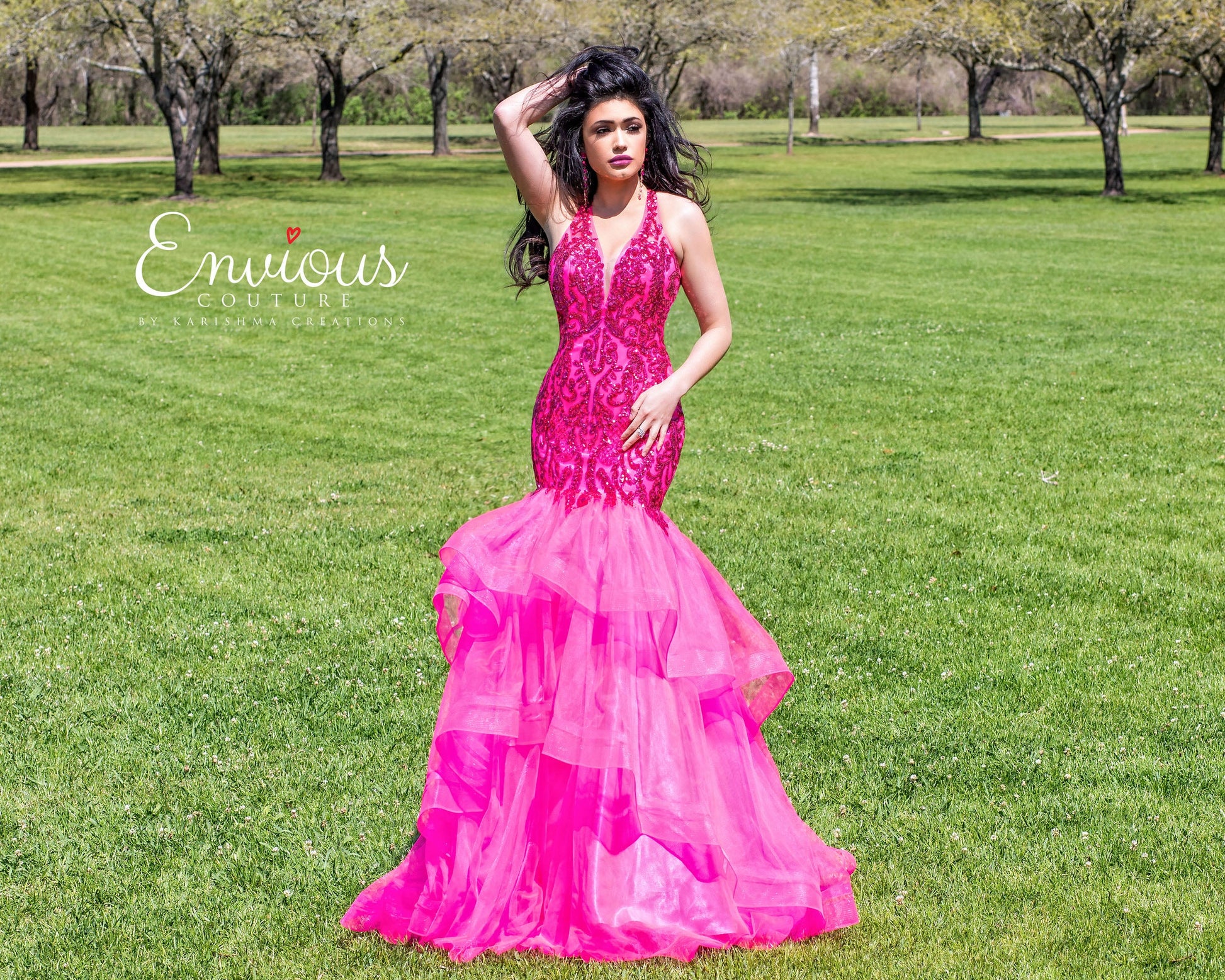 Envious-Couture-E1516-Fuchsia-Prom-Dress-Front-Emebllished-V-Neckline-Sequin-Fit-and-Flare-Layered-Mermaid-Skirt