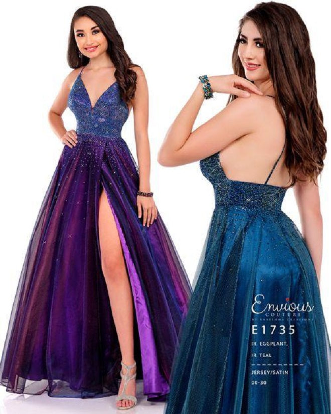 Envious-Couture-E1735-iridescent-eggplant-teal-prom-dress-front-back-embellished-v-neckline-A-line-wrap-skirt-high-slit