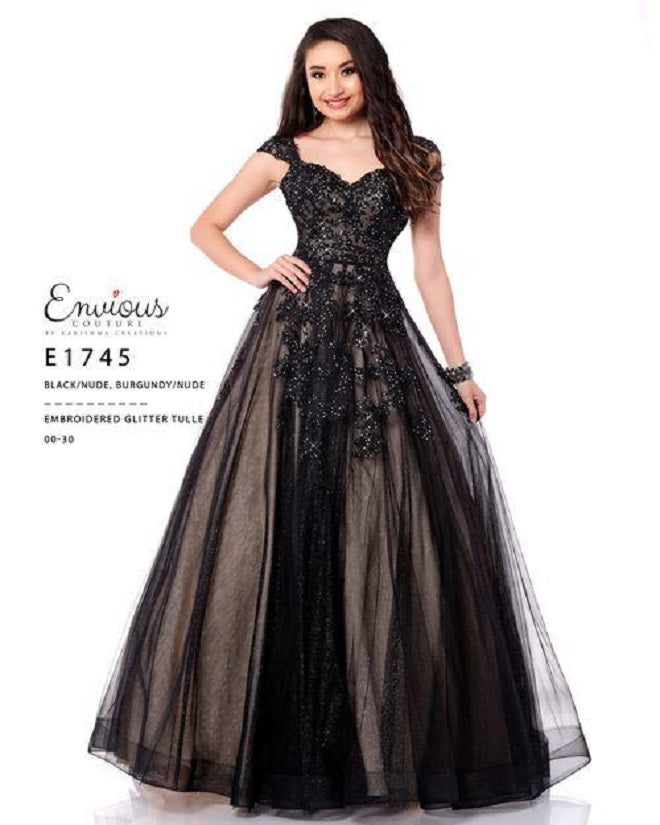 Envious-Couture-E1745-Black-nude-prom-dress-front-sweetheart-neckline-cap-sleeve-neckline-sequin-tulle-Ballgown