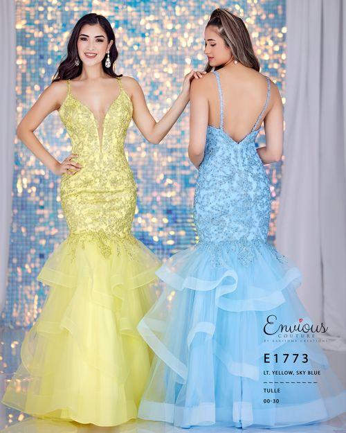 Envious-Couture-E1773-Light-Yellow-Sky-Blue-Prom-Dress-lace-v-neckline-fit-and-flare-mermaid-embellished-lace-ruffle-skirt