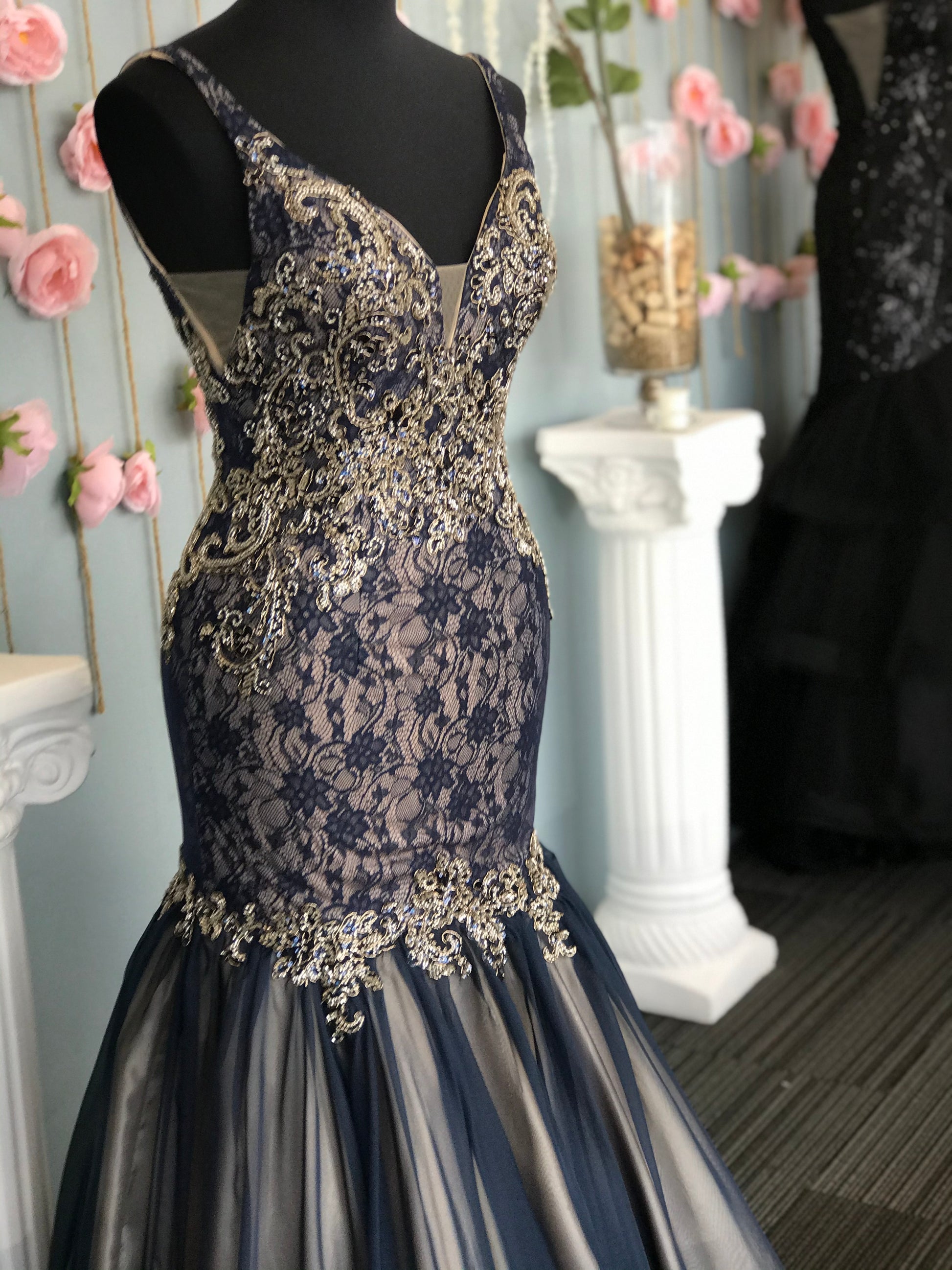 Envious Couture E1199 Navy Prom Dress Lace Chiffon Mermaid Pageant Gown