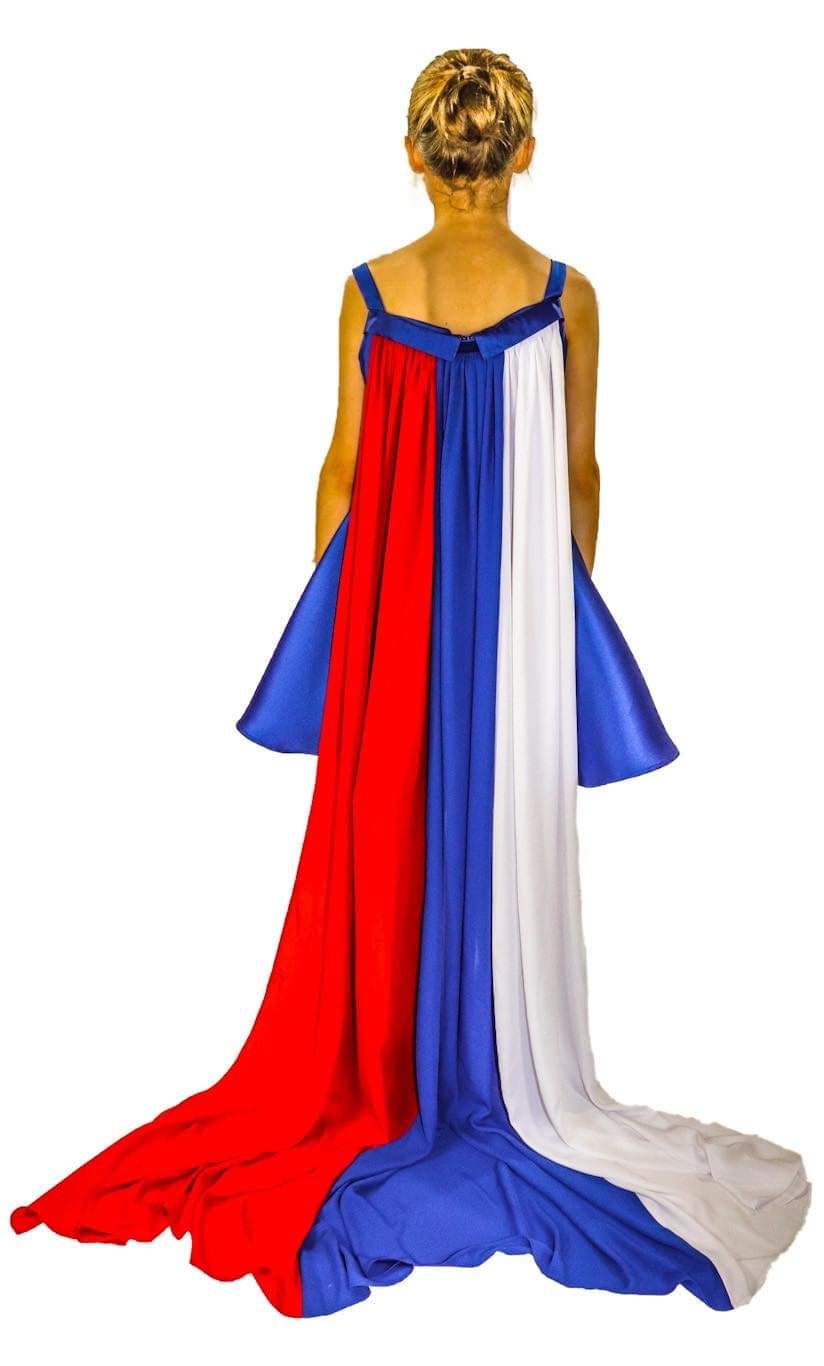 Marc Defang 5030 Red White & Blue Girls Pageant Fun Fashion Cape Detachable chiffon skirt/cape. Stars adorn he short a line dress. Perfect for Fun Fashion!  Available Sizes: 4-14  Colors: Red/White/Blue