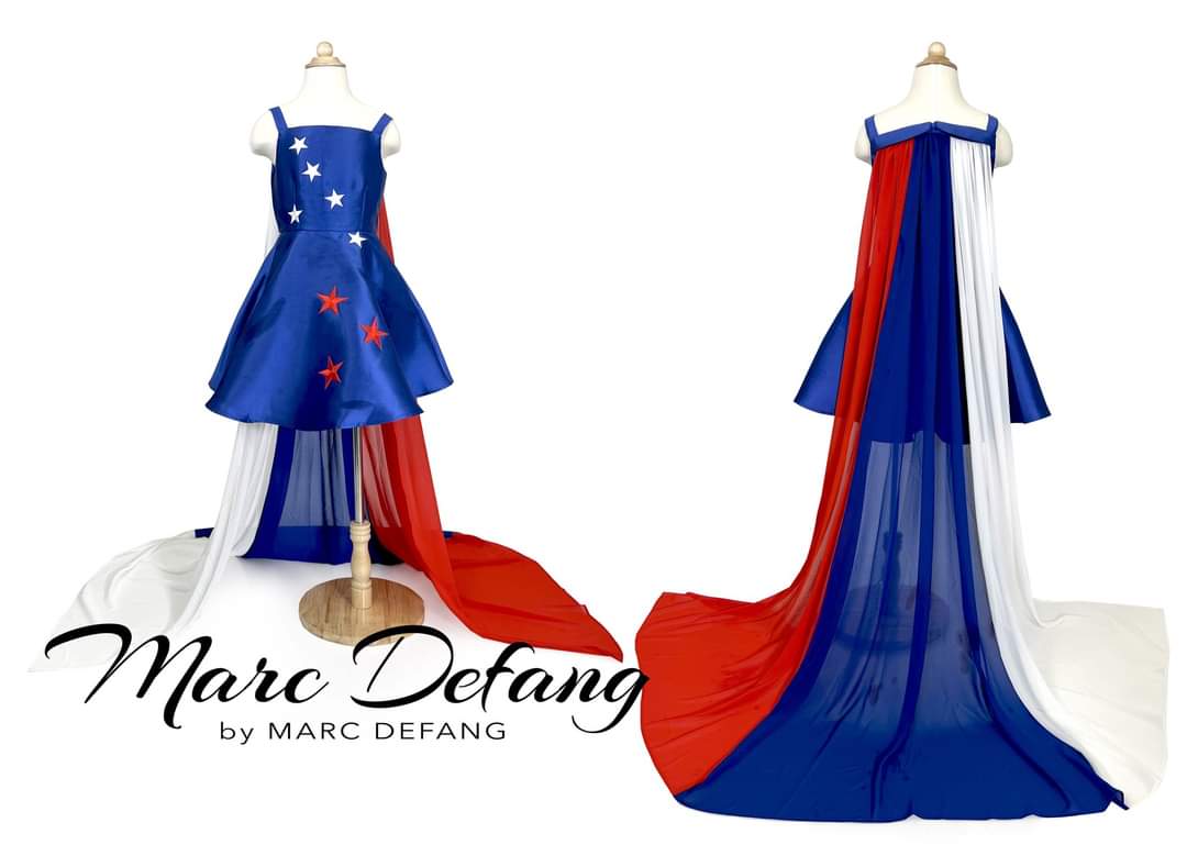Marc Defang 5030 Red White & Blue Girls Pageant Fun Fashion Cape Detachable chiffon skirt/cape. Stars adorn he short a line dress. Perfect for Fun Fashion!  Available Sizes: 4-14  Colors: Red/White/Blue