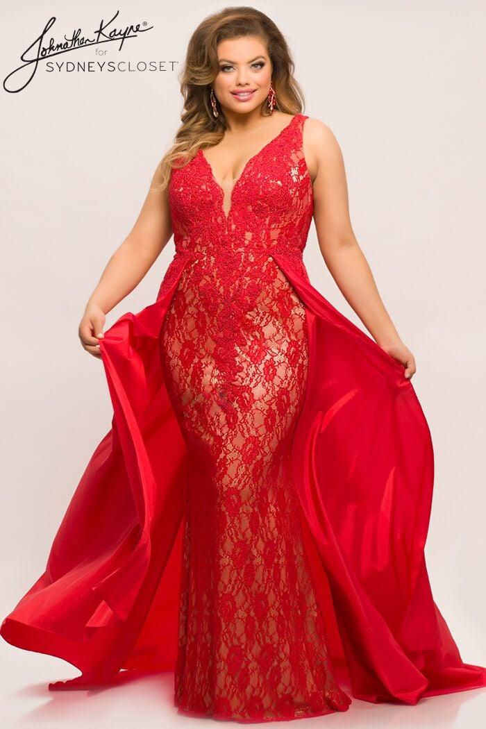 Johnathan Kayne for Sydneys Closet JK2016 Stingray halter neckline fitted lace plus size prom dress with flowy chiffon overskirt  Evening gown pageant gown