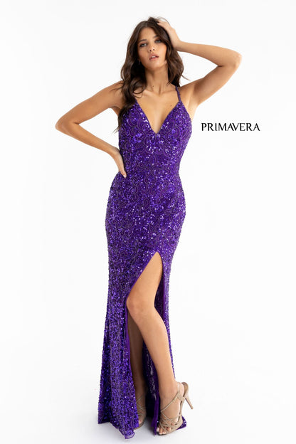 Primavera Couture 3295 Size 6 Neon Coral Prom Dress V Neckline Sequins Backless Slit Formal Evening Gown