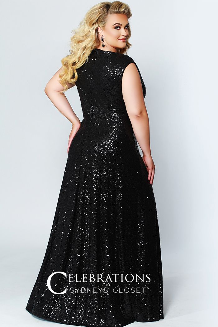 Sydney's Closet CE1801 - Long Sequin Plus Size Prom Dress. Look red-carpet ready in this glamorous plus size floor-length sequin evening gown. This contemporary sleeveless sequin gown design features bra-friendly straps and a sexy V-neckline. Soft knit lining stretches for an oh-so-comfy fit! Soft-draped bodice accentuates your curves. You’ll be photographed like a movie star at Prom, a Military Ball, or Gala. City Lights  Celebrations CE 1801