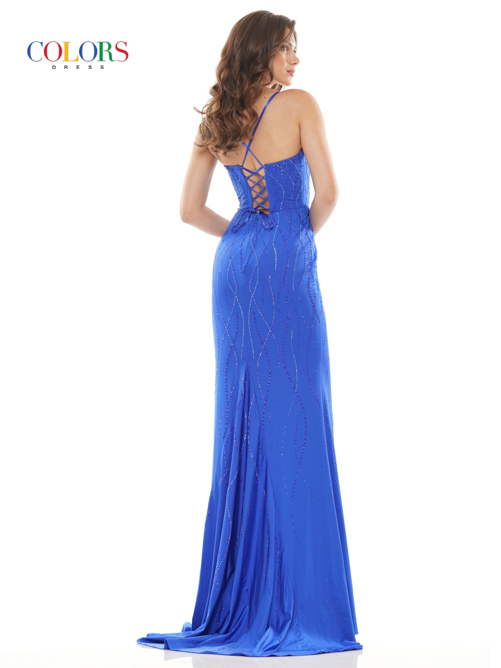 Colors G1052 Long Fitted Crystal Corset back formal Prom Dress Slit Pageant Gown 46″ satin lycra with heat-set stone fit and flare dress, curved square neck and lace-up back  Available Sizes: 2-24  Available Colors: Black, Red, Royal, Deep Green, Hot Pink, Tangerine, Ultra Violet