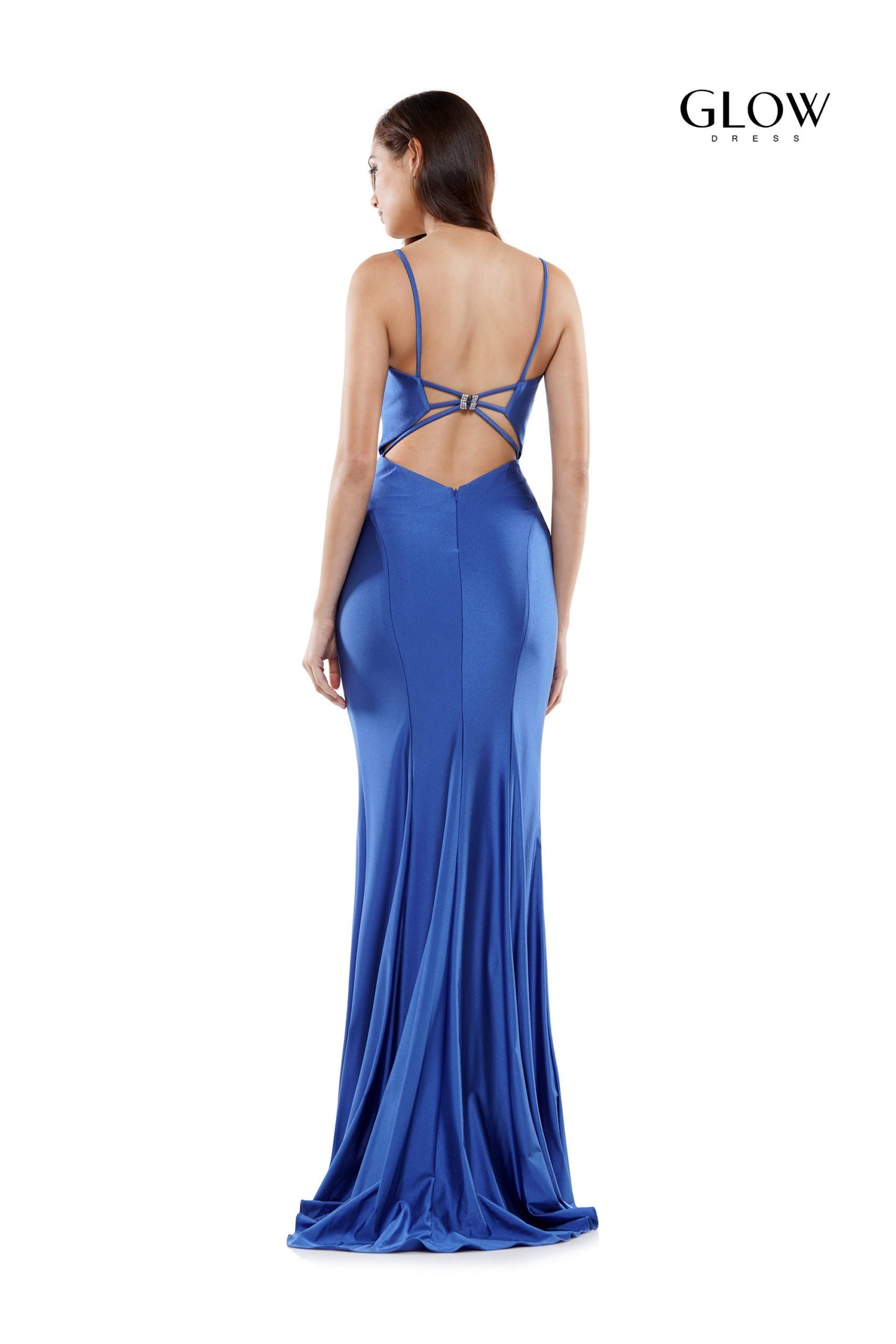 Colors G990 Long Fitted stretch V Neck formal prom dress Slit backless 46″ lycra fit and flare dress, front slit, plunged  Available Sizes: 0-20  Available Colors: Light Blue, Red, Royal, Hot Pink