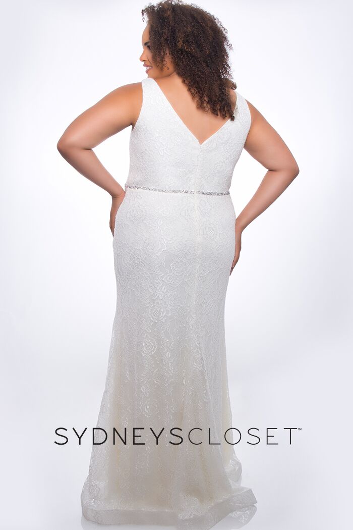 Sydneys Closet SC7279 fitted v neckline and v back with wide straps lace prom dress long evening gown with embellished waistline belt. Shimmering fabric wedding dress. 