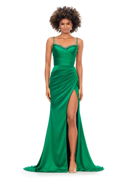 ASHLEYlauren 11298 Ruched Satin Gown with Lace Up Back