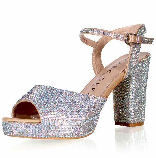 Marc Defang GIAVANNA AB CRYSTALS Platform Pageant Heels Prom Shoes Block  DESCRIPTION 4" Block heels, 1" Platforms Perfect pre-teen and Teen heels!  AB crystals over Nude patent leather Handmade crystal embellishments  Ankle strap feature, Design and constructed for comfort and quality Light weight, performs amazingly well on stage and runway. Medium Width, run true to size. Available Sizes: 5, 5.5, 6, 6.5, 7, 7.5, 8, 8.5, 9, 9.5, 10, 11