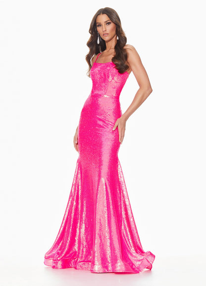 Ashley Lauren 11024 sz 10 Neon Blue Sequin Prom Dress with Lace Up Back Pageant Gown