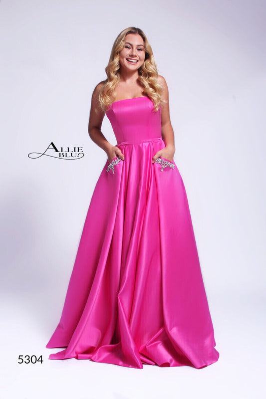 Allie Blu 5304 Size 10 Long Satin A Line Ballgown Embellished Pockets Prom Dress