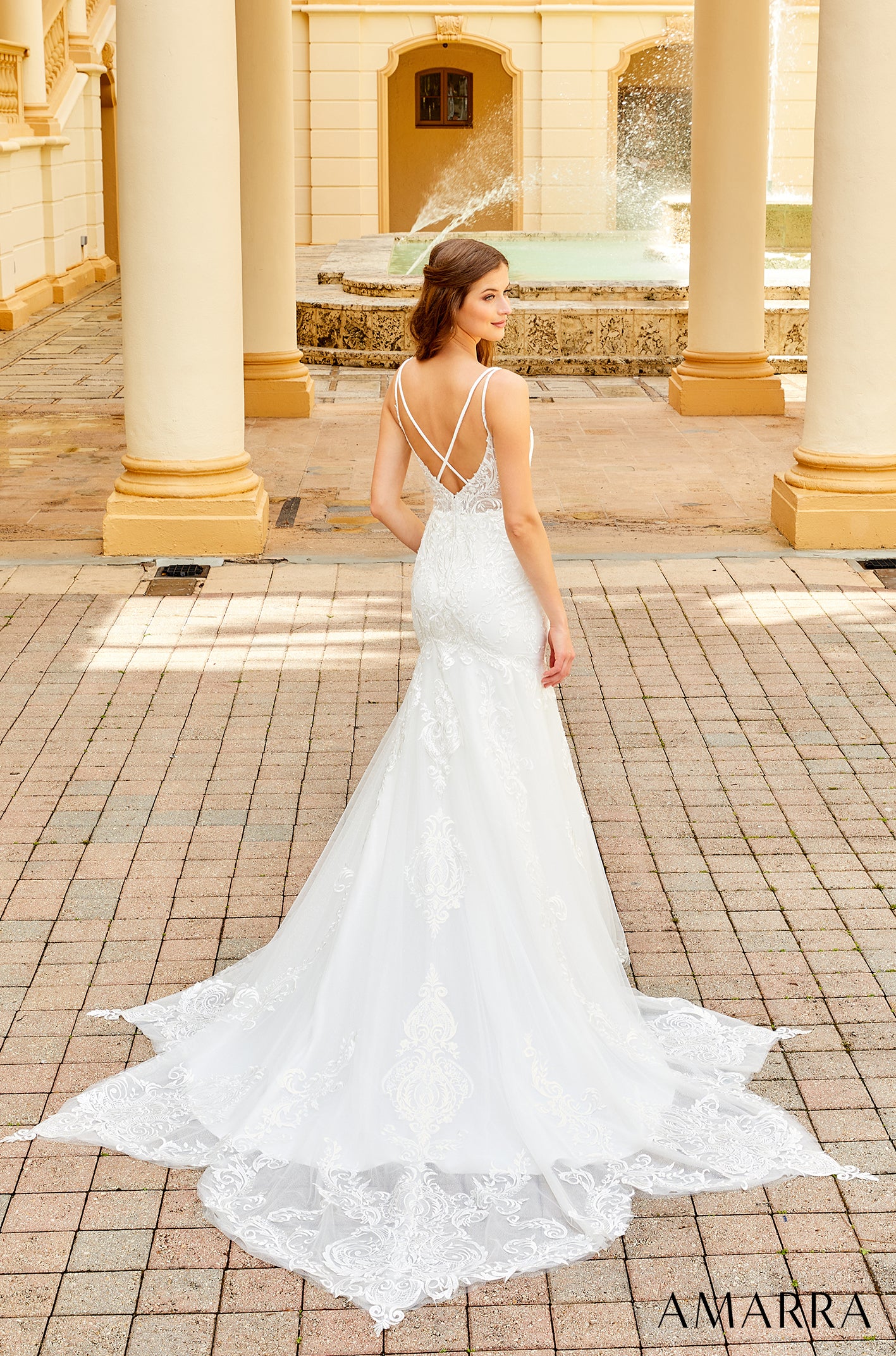 Amarra Bridal HART 84368 Backless Mermaid Wedding Dress Bridal Gown Train Sheer Lace Simple and classic makes for a beautiful romance. That’s what you’ll get when you wear this stunning dress on your wedding day. The demure lace bodice features plunging v-neckline and a fitted design, while the dramatic flare at the knees allows for a bit of fun and creates the look of a mermaid. 