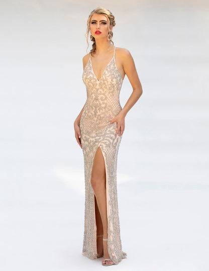 Primavera Couture 3214 v neckline criss cross back fully beaded prom dress with side slit   Black, Blush Silver, Ivory, Lilac, Powder Blue, Teal, Yellow, Midnight, Burgundy  Sizes 00-18  Elegant, shaping evening gown. Beautiful fully beaded prom dress pageant gown 