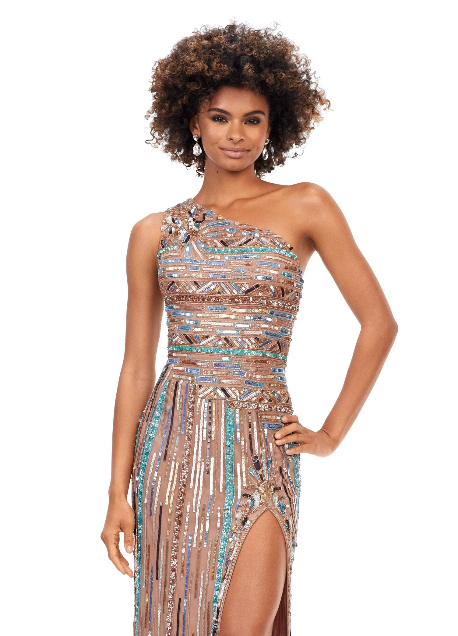 Ashley Lauren 11372 Be the center of the party in this amazing aztec inspired one shoulder gown. With pops of vibrant turquoise throughout the gown, this style will leave spectators speechless! One Shoulder Open Back Left Leg Slit Fully Hand Beaded COLORS: Multi