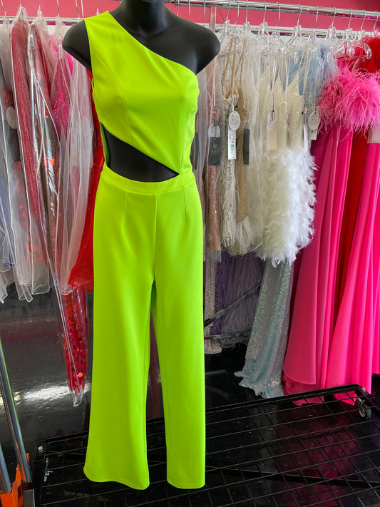 Marc Defang 8162 size 2 Lime Green Jumpsuit One Shoulder Cutout Side Pageant interview