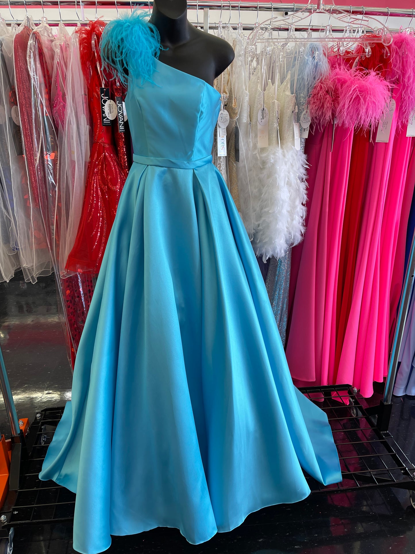 Ashley Lauren 11336 size 0 Turquoise One shoulder Prom Dress A line Feather Trim Shoulder Ballgown