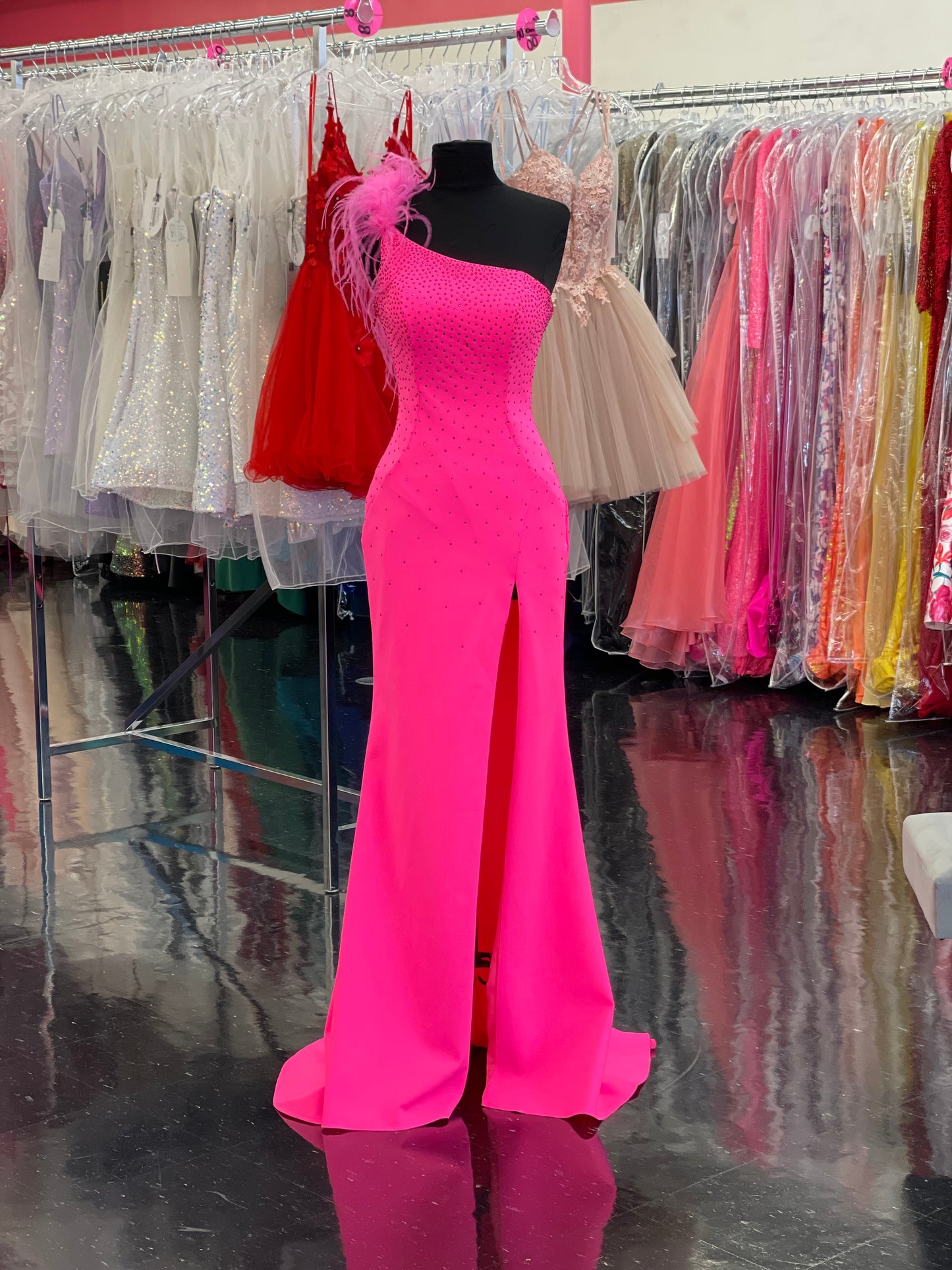 Ashley Lauren 11290 Size 2 Hot Pink One Shoulder Prom Dress crystal top one shoulder with feathers