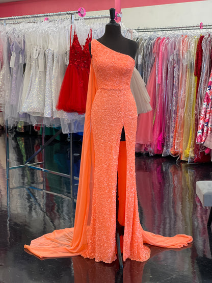 Ashley Lauren 11371 Size 6 Coral One Shoulder Prom Dress fully sequence with shoulder cape