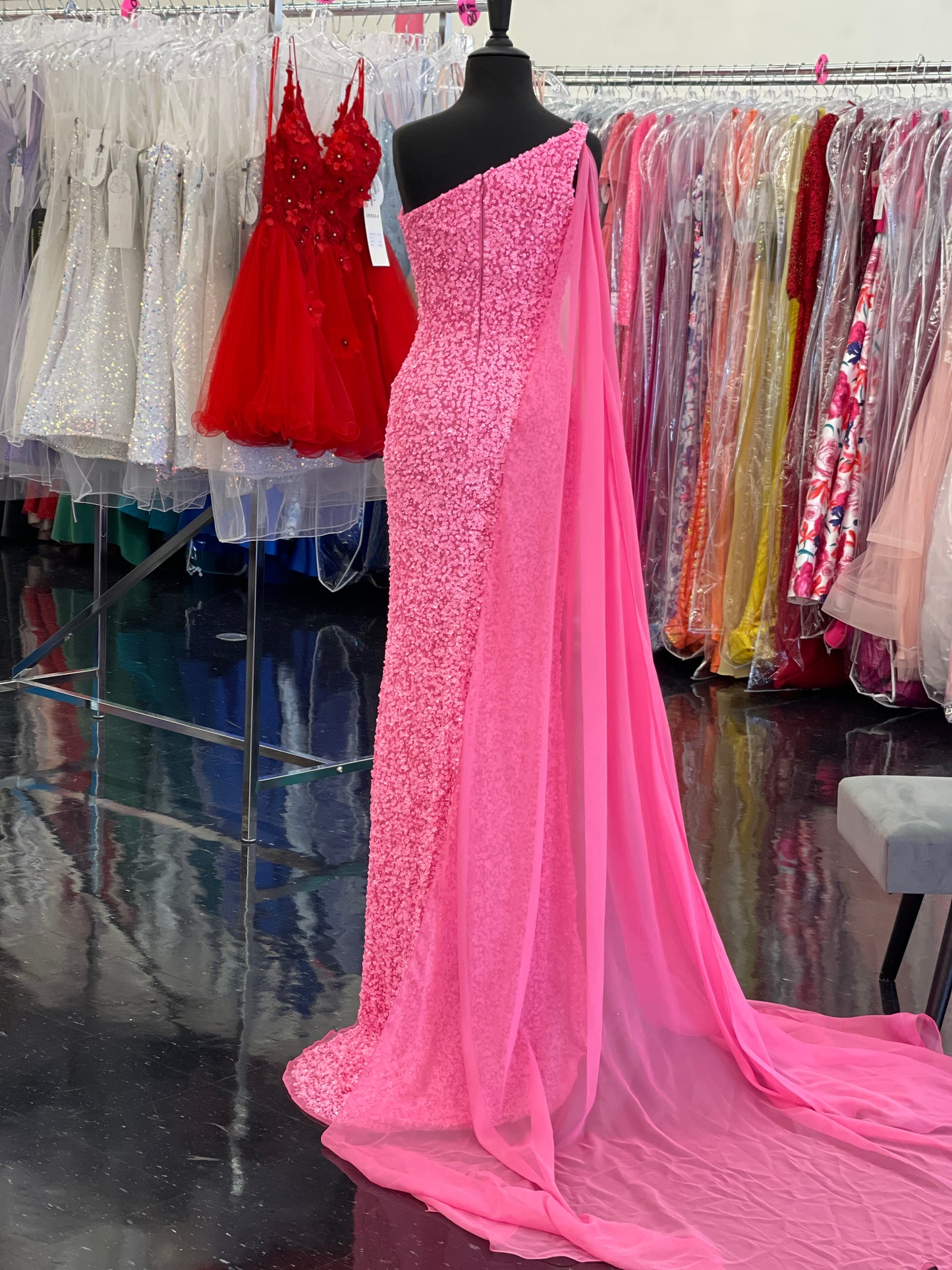 Ashley Lauren 11371 Size 4 Candy Pink One Shoulder Prom Dress fully sequence with shoulder cape