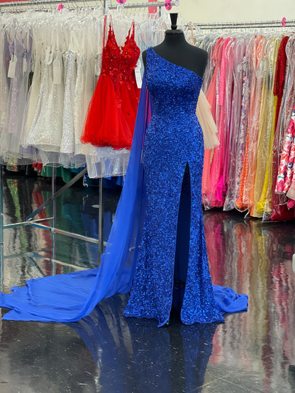 Ashley Lauren 11371 Size 8 Royal One Shoulder Prom Dress fully sequence with shoulder cape