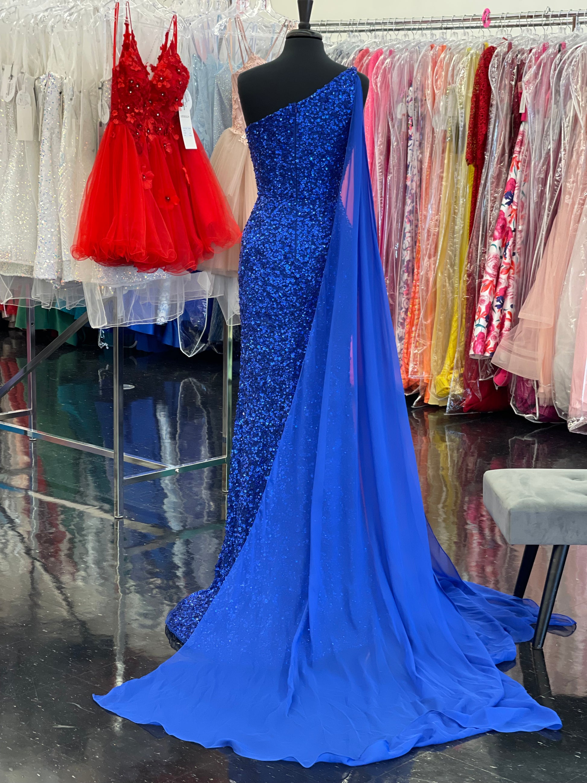 Ashley Lauren 11371 One Shoulder Prom Pageant Dress Cape 16 / Sky Ashley Lauren 11371 One Shoulder Prom Pageant Dress Cape 16 / Sky