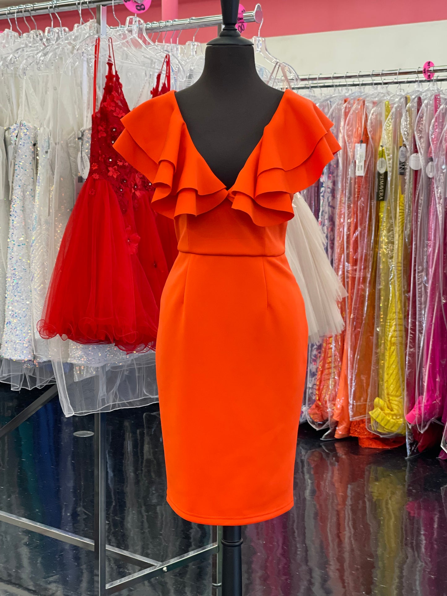 Marc Defang 8164 short tea length Ruffle shoulder cocktail dress great for pageant interviews   Size: 8  Color: Neon Orange