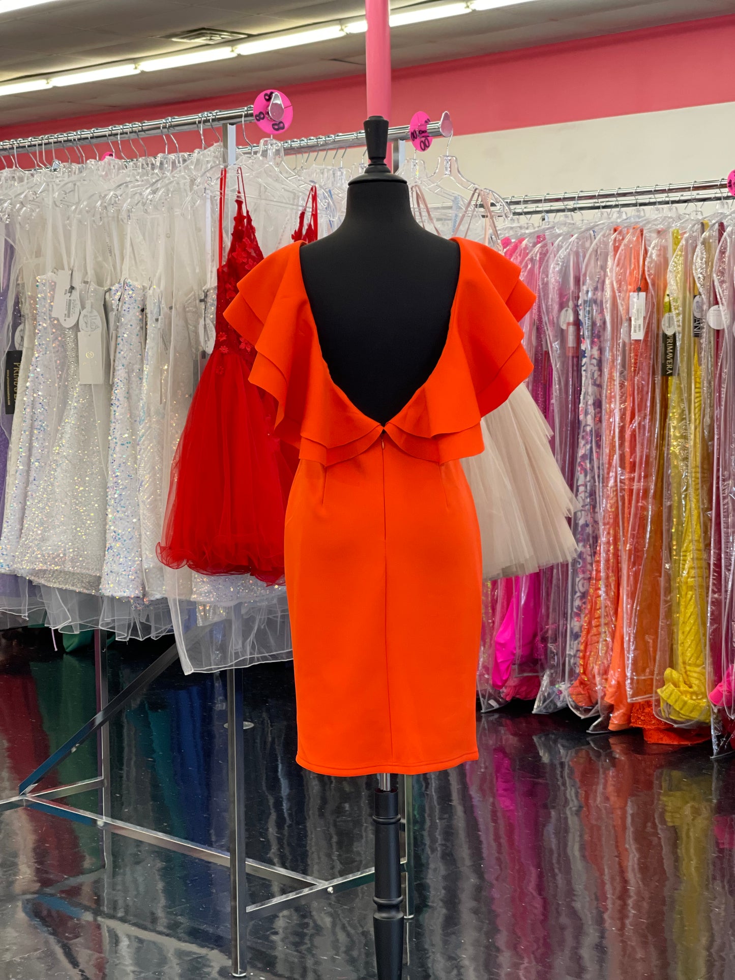 Marc Defang 8164 short tea length Ruffle shoulder cocktail dress great for pageant interviews   Size: 8  Color: Neon Orange