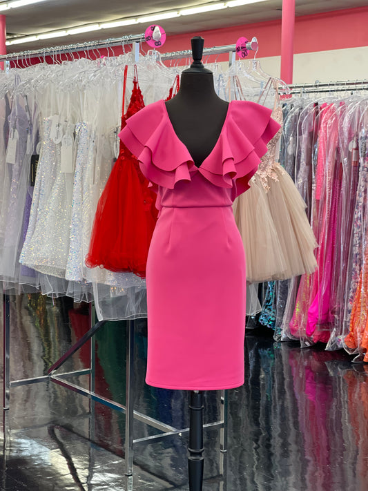 Marc Defang 8164 short tea length Ruffle shoulder cocktail dress great for pageant interviews   Size: 10  Color: Hot Pink
