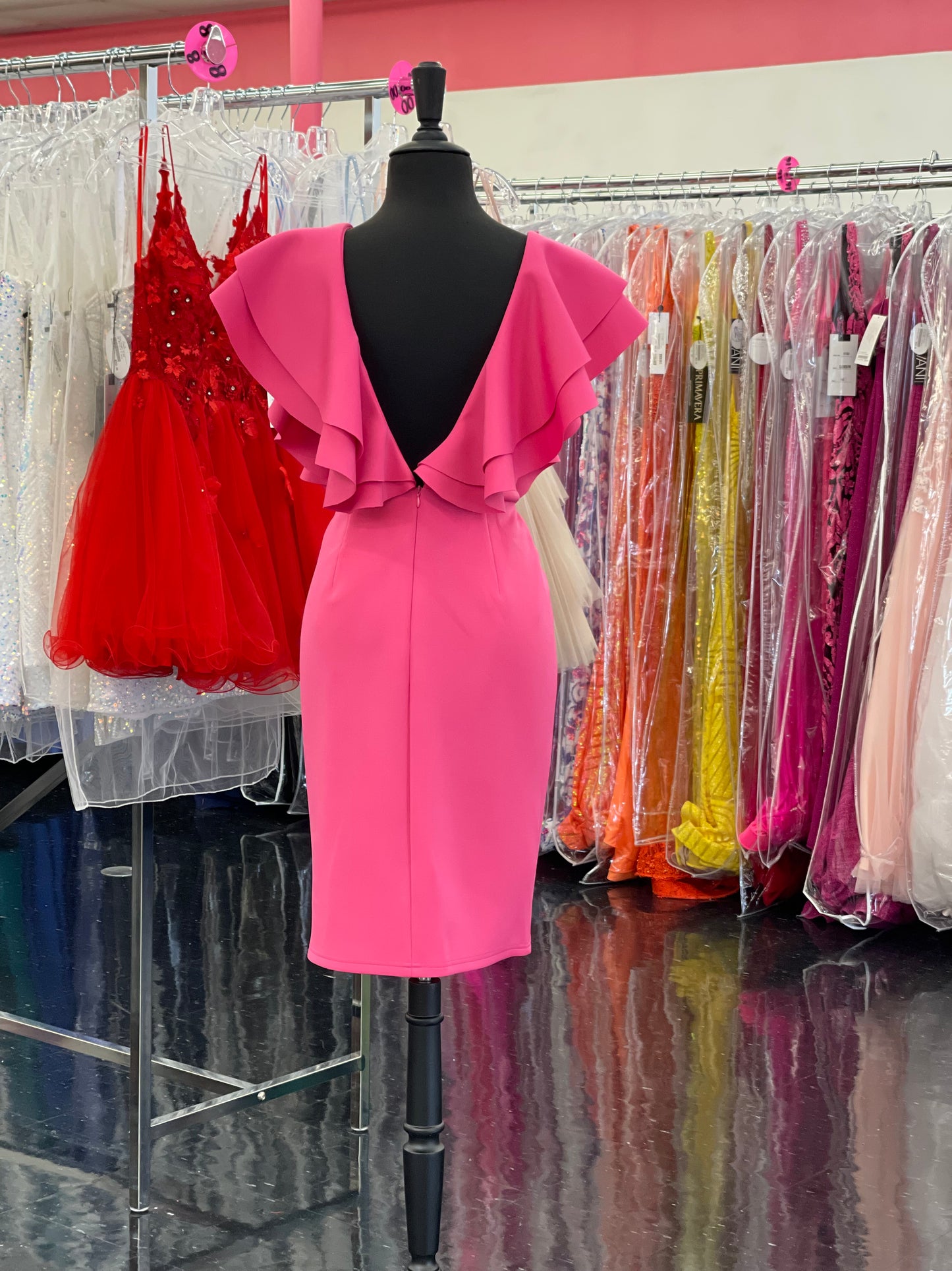 Marc Defang 8164 short tea length Ruffle shoulder cocktail dress great for pageant interviews   Size: 10  Color: Hot Pink