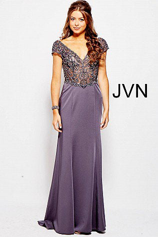 Jovani JVN 53185 Size 12 Charcoal Long Sheer Lace Cap Sleeve Formal Dress Evening Gown