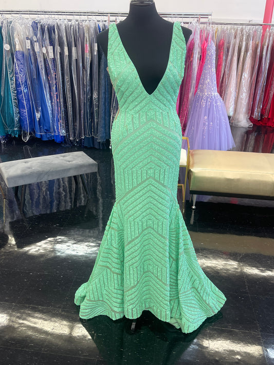 Jovani 59762 Mint Green Prom Dress Size 10 Sequin Embellished Mermaid Pageant Gown plunging neckline