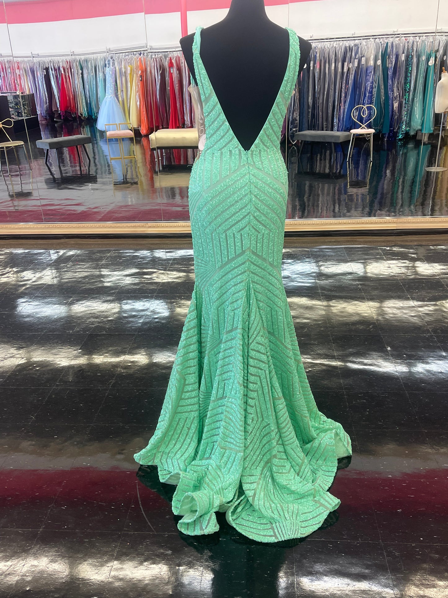 Jovani 59762 Size 22 Neon Orange Sequin Embellished Mermaid Prom Dress Pageant Gown plunging neckline