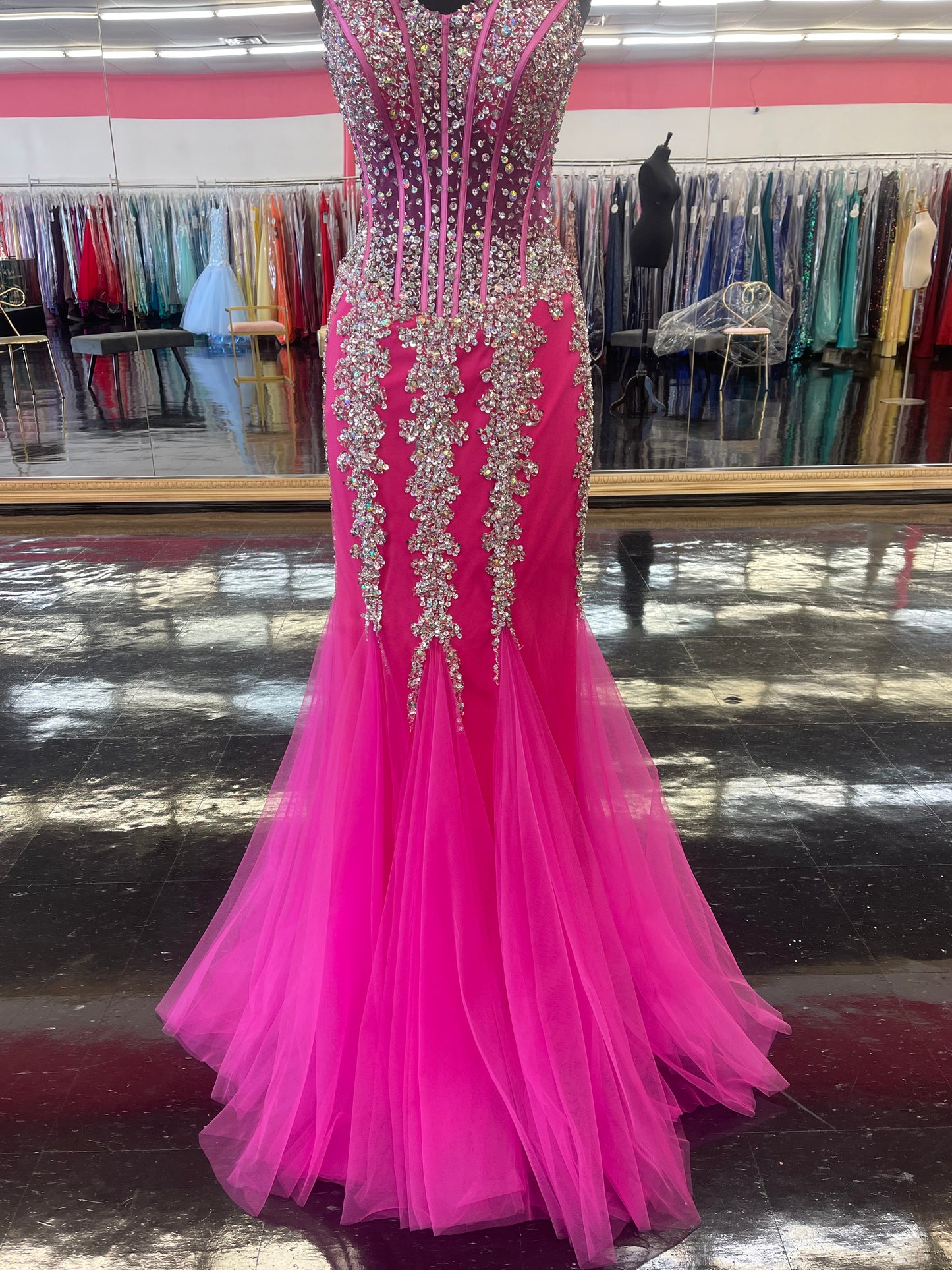 Jovani 5908 size 2 Hot Pink Silver Mermaid Prom Dress Pageant Gown Sheer Embellished