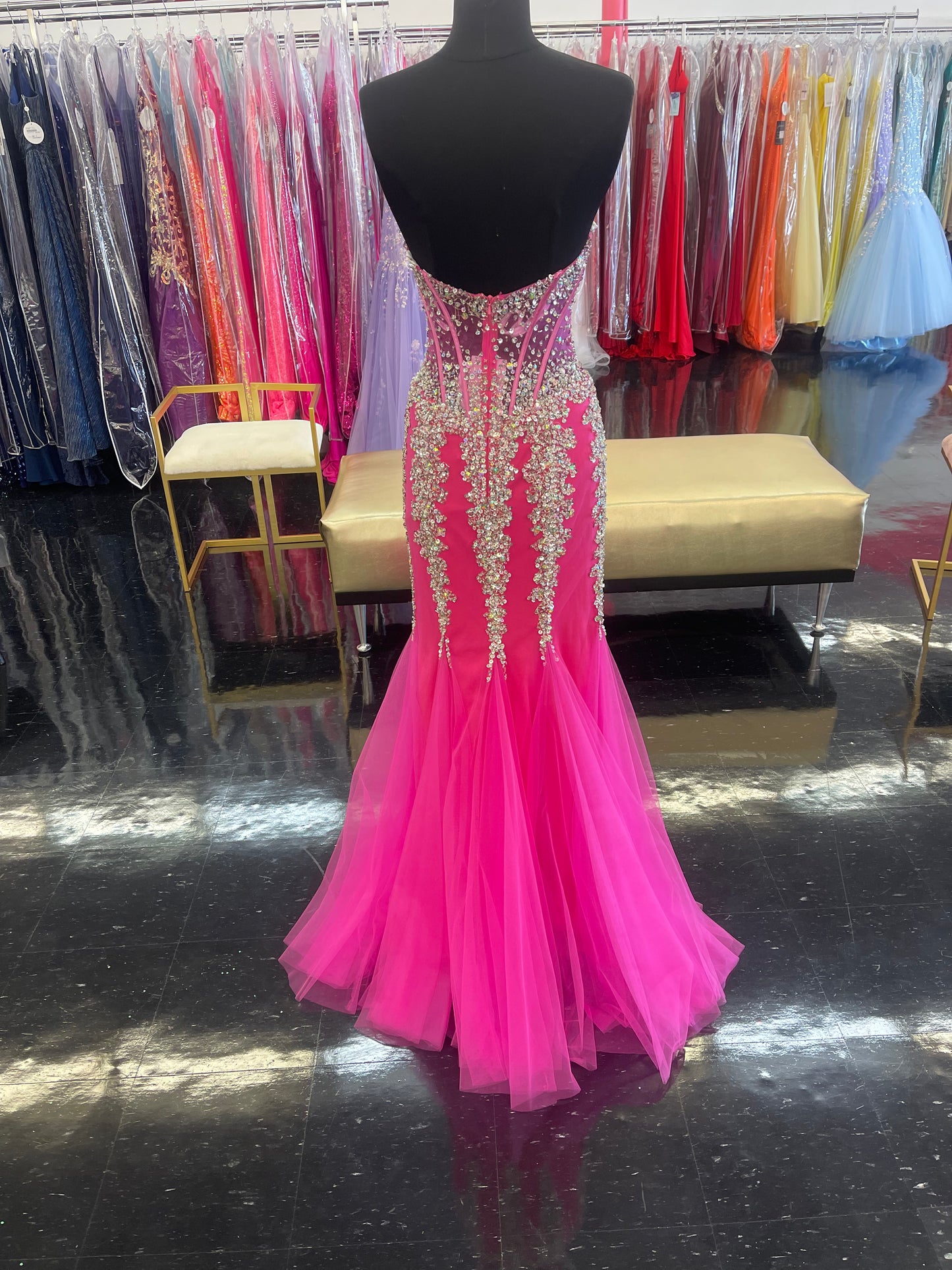 Jovani 5908 size 2 Hot Pink Silver Mermaid Prom Dress Pageant Gown Sheer Embellished