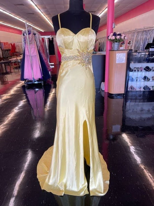 Nina Canacci M0100 Size 2 Yellow Long Satin Prom Dress slit Rhinestone embellished