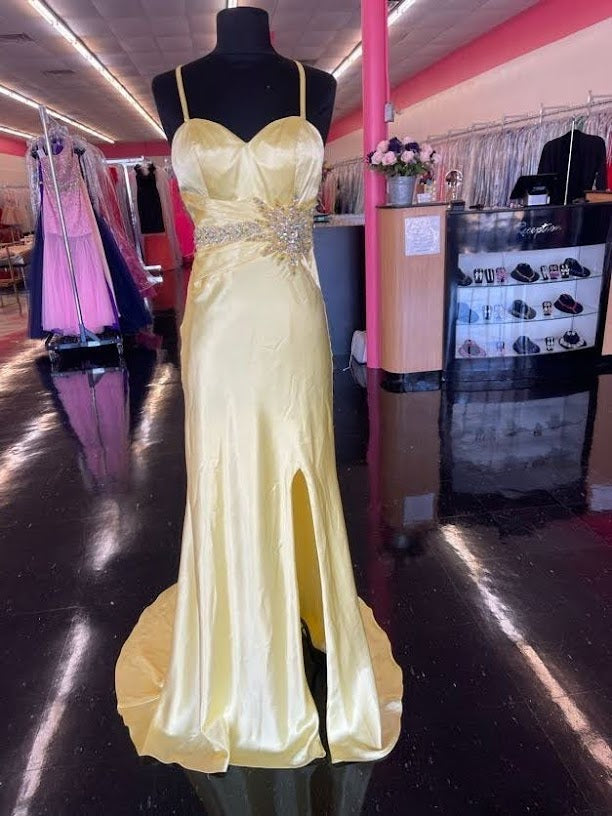 Nina Canacci M0100 Size 2 Yellow Long Satin Prom Dress slit Rhinestone embellished