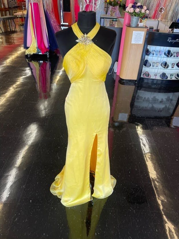 Riva 9418 Size 2 Lemon Yellow High Neck Satin Chiffon Backless Slit Prom Dress Formal Gown
