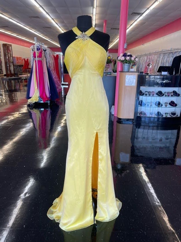 Riva 9418 Size 2 Lemon Yellow High Neck Satin Chiffon Backless Slit Prom Dress Formal Gown