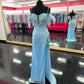 Lucci Lu 1282 Long Fitted Sequin Sheer Lace Feather off the Shoulder Prom Dress Formal Gown Corset Back  Sizes: 00-12  Colors: Light Blue, Light Green, Light Pink