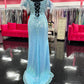 Lucci Lu 1282 Long Fitted Sequin Sheer Lace Feather off the Shoulder Prom Dress Formal Gown Corset Back  Sizes: 10  Colors: Light Blue