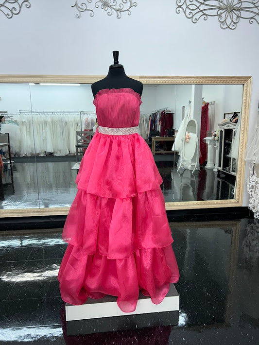 Marc Defang 8146 Size 10 Hot Pink Long Layered A Line Maxi Slit Strapless Prom Dress Formal Gown