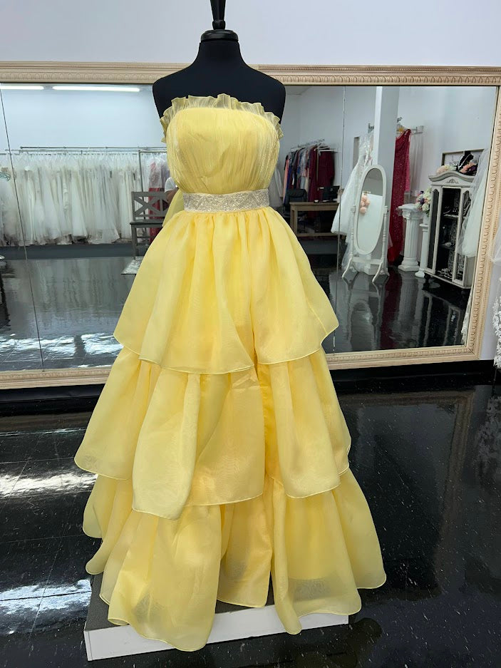 Marc Defang 8146 Size 6 Yellow Long Layered A Line Maxi Slit Strapless Prom Dress Formal Gown