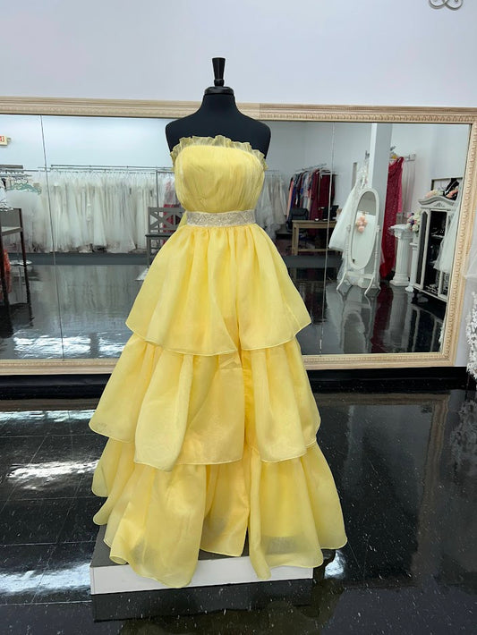 Marc Defang 8146 Size 6 Yellow Long Layered A Line Maxi Slit Strapless Prom Dress Formal Gown