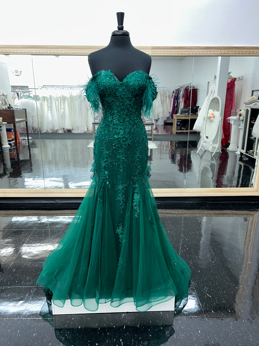 Amarra 88621 Size 10 Emerald Long Sheer Lace Shimmer Mermaid Prom Dress Feather Straps Pageant Gown Corset