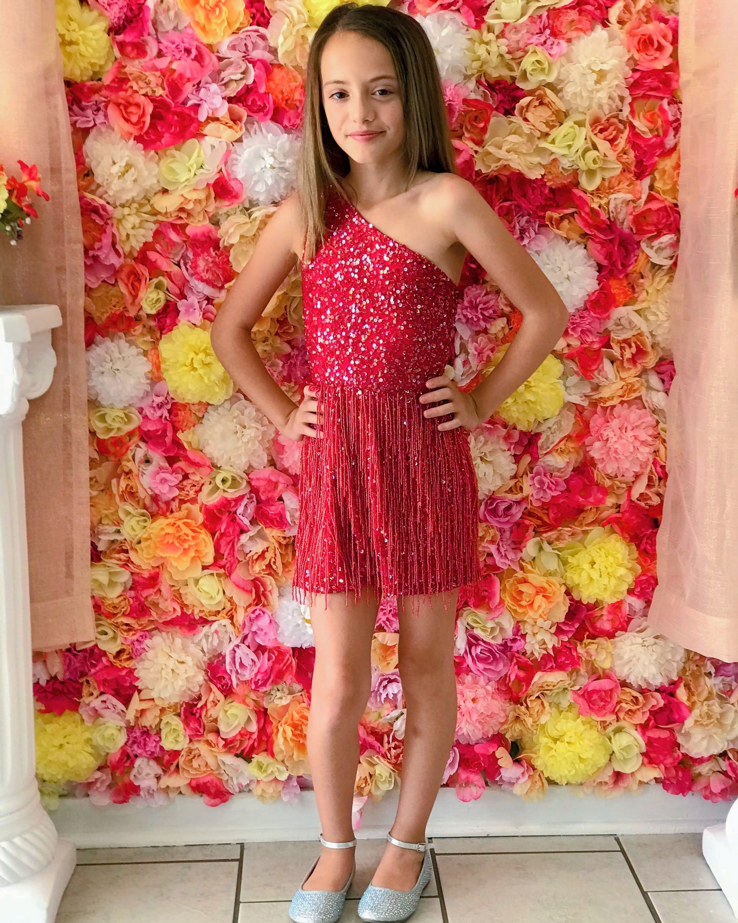 Ashley Lauren 8049 Kids Size 4 Red One Shoulder Romper Fringe Girls Fun Fashion Iridescent